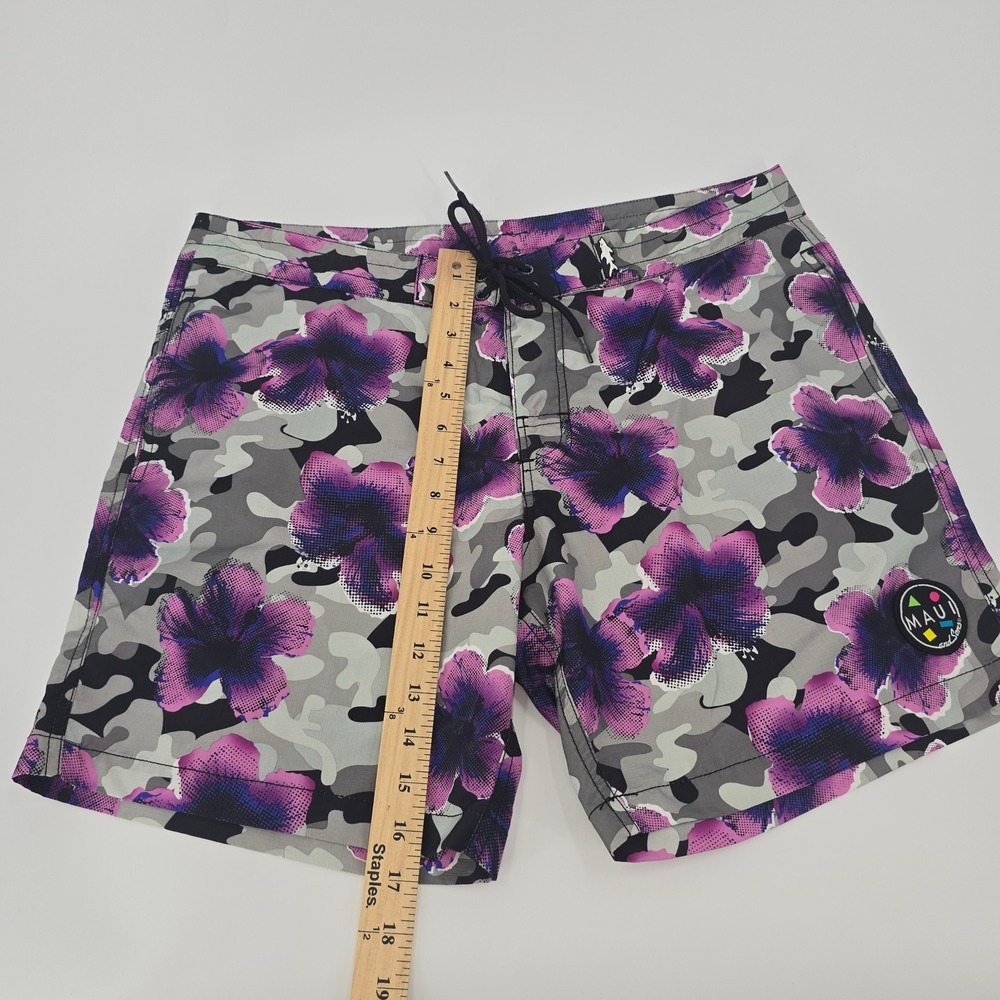 Maui and Sons Mens 34 Board Shorts Grey Camo Purple Floral Ripstop Swim Trunks - Picture 4 of 7